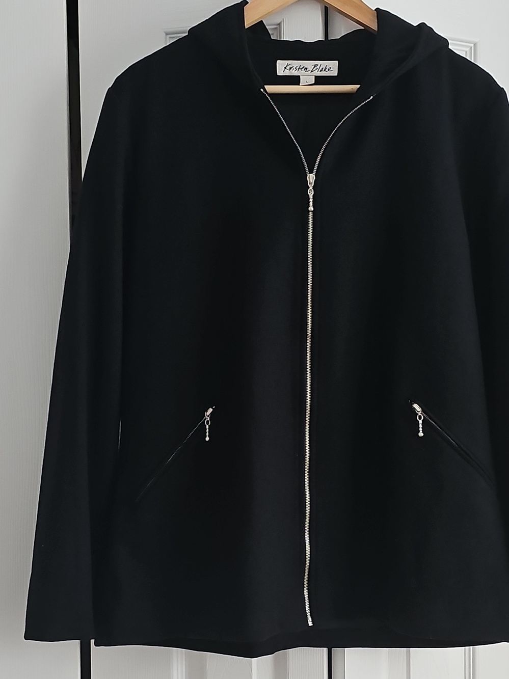 Kristen Blake Black Hooded Zip Jacket 100% Wool, USA, L